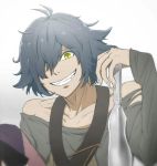  1boy bare_shoulders blue_hair grin hans_humpty knife looking_at_viewer mai- one_eye_covered rokka_no_yuusha smile solo teeth yellow_eyes 
