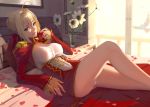  1girl apple bed bird blonde_hair breasts cleavage dress fate/extra fate_(series) flower food fruit green_eyes highres juliet_sleeves large_breasts long_sleeves looking_at_viewer lying on_back on_bed open_mouth panties pantyshot pantyshot_(lying) petals pigeon pillow puffy_sleeves red_dress saber_extra shijiu_(adamhutt) shirt solo tongue tongue_out underwear vase white_panties window 
