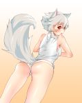  1girl animal_ears ass bare_shoulders blush dutch_angle fang from_behind gradient gradient_background highres hofuriko inubashiri_momiji looking_at_viewer looking_back no_pants open_mouth orange_background panties red_eyes shirt short_hair silver_hair sleeveless solo tail touhou underwear white_panties wolf_ears wolf_tail 