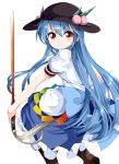  1girl blue_hair boots bowtie food fruit hat hinanawi_tenshi long_hair looking_back peach puffy_short_sleeves puffy_sleeves red_eyes shirt short_sleeves simple_background skirt smile solo sword_of_hisou touhou tsurukou_(tksymkw) very_long_hair white_background 
