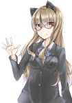  1girl animal_ears blazer blonde_hair brown_eyes cat_ears glasses hatsumi_nekuta hime_cut long_hair perrine_h_clostermann red-framed_glasses semi-rimless_glasses simple_background smile solo strike_witches under-rim_glasses uniform waving white_background 