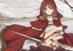  1girl artist_name bracelet brown_eyes brown_hair choker feathers fur_trim fuu_kotora hooded_cloak jewelry looking_at_viewer midriff original solo sword weapon 