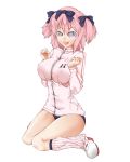  +_+ 1girl blue_eyes blush bow breasts buruma chimori hair_bow hibari_(senran_kagura) highres large_breasts open_mouth pink_hair senran_kagura senran_kagura_(series) short_hair short_twintails smile solo symbol-shaped_pupils track_jacket twintails 