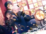  3boys ahoge black_hair blue_eyes blurry depth_of_field dutch_angle fish flower gloves hand_on_another&#039;s_face hand_on_another&#039;s_head honebami_toushirou japanese_clothes lantern male_focus mikazuki_munechika military military_uniform multiple_boys namazuo_toushirou necktie ponytail sayagata silver_hair smile tomoe_kiko touken_ranbu uniform violet_eyes 