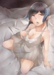  1girl bare_shoulders bed black_hair breasts dress from_above grey_dress hand_on_breast horns komihira long_hair open_mouth original pointy_ears red_eyes sitting solo tongue tongue_out 