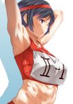  1girl arm_behind_head armpits arms_up bangs black_eyes black_hair breasts expressionless eyelashes from_behind headband kunifuto looking_away midriff navel original safety_pin shadow short_hair sleeveless solo sportswear toned track_uniform upper_body 