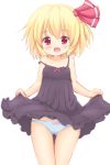  1girl blonde_hair blue_panties blush bow hair_bow hakuto_(28syuku) open_mouth panties red_eyes rumia short_hair skirt skirt_lift solo strap_slip touhou underwear 