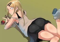  1girl ass bare_shoulders blonde_hair brown_background dagashi_kashi earrings endou_saya_(dagashi_kashi) hair_ornament hairclip high_heels jewelry kendama long_hair looking_at_viewer looking_back nuezou parted_lips sanpaku simple_background skirt solo strap_slip thighs 