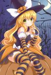  1girl alternate_costume bat blonde_hair bow braid crescent_moon elbow_gloves gloves hair_bow hakuto_(28syuku) halloween hat hat_bow jack-o&#039;-lantern kirisame_marisa long_hair moon side_braid solo striped striped_gloves striped_legwear thigh-highs touhou witch_hat yellow_eyes 