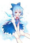  1girl absurdres artist_name blann blue_dress blue_eyes blue_hair cirno dress gradient gradient_background hair_ornament hair_ribbon highres ice ice_wings looking_at_viewer puffy_sleeves ribbon short_hair short_sleeves sitting smile solo sparkle touhou wings 