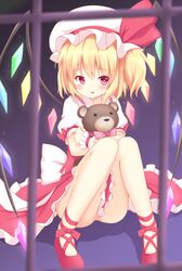  1girl blonde_hair bow convenient_censoring doll_hug flandre_scarlet hakuto_(28syuku) hat hat_bow mary_janes no_panties red_eyes sash shoes solo stuffed_animal stuffed_toy teddy_bear touhou wings 