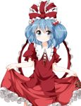  1girl blue_eyes blue_hair blush bow cosplay dress frilled_skirt frills hair_bobbles hair_ornament holding_skirt kagiyama_hina kagiyama_hina_(cosplay) kawashiro_nitori looking_at_viewer puffy_short_sleeves puffy_sleeves red_dress ribbon short_hair short_sleeves simple_background skirt smile solo sweatdrop touhou tsurukou_(tksymkw) white_background wrist_ribbon 