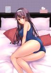  1girl arm_support ass bed black_hair breasts hairband highres kasumigaoka_utaha kurenaiz long_hair lying on_side pillow saenai_heroine_no_sodatekata school_swimsuit solo swimsuit tissue_box 