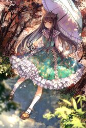  1girl aqua_dress autumn black_hair bow dress floral_print forest hair_bow long_hair long_sleeves looking_at_viewer nature original parasol solo umbrella very_long_hair vima yellow_eyes 