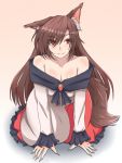  1girl animal_ears bare_shoulders breasts brooch brown_hair cleavage dress ears_perk fingernails gradient gradient_background imaizumi_kagerou jewelry kneeling long_fingernails long_hair long_sleeves looking_up mamedenchi off_shoulder red_eyes smile solo tail touhou wolf_ears wolf_tail 