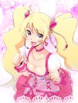  1girl :d blonde_hair blush breasts choker cleavage cure_peach de_(deys) earrings fresh_precure! heart highres jewelry long_hair magical_girl momozono_love open_mouth precure smile solo twintails violet_eyes 