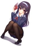  1girl bangs black_hair black_legwear black_shoes blush book full_body hairband holding holding_book hym9594 kasumigaoka_utaha loafers long_hair long_sleeves looking_at_viewer open_book panties panties_under_pantyhose pantyhose red_eyes saenai_heroine_no_sodatekata school_uniform shoes solo squatting thighband_pantyhose underwear 