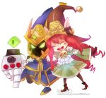  1boy 1girl alternate_costume alternate_hair_color bell boots brown_boots brown_legwear controller glowing glowing_eyes green_eyes hat league_of_legends lulu_(league_of_legends) nine.dwow open_mouth pink_hair signature veigar watermark web_address yordle 