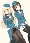  2girls atago_(kantai_collection) beret black_hair blonde_hair green_eyes hat kantai_collection lidy long_hair multiple_girls red_eyes smile takao_(kantai_collection) 