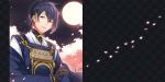  1boy blue_eyes blue_hair cherry_blossoms full_moon japanese_clothes juugonichi_(wheeliex2) male_focus mikazuki_munechika moon petals sayagata smile touken_ranbu 