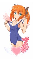  1girl :o aqua_eyes bare_shoulders blush heart kaitou_tenshi_twin_angel minazuki_haruka_(twin_angel) nagarakawa_shiraku orange_hair school_swimsuit short_hair simple_background solo swimsuit tan tanline white_background 