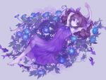  1girl armpits barefoot bow dress fish flower hair_bow hands_above_head looking_at_viewer lying morning_glory on_back original purple purple_dress purple_hair see-through shenyuan_xian solo violet_eyes 