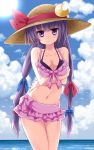 1girl :/ alternate_hairstyle alternate_headwear animal bikini bird blue_sky blush bow bracelet breast_rest breasts cleavage clouds cloudy_sky collaboration collarbone contrapposto cowboy_shot crescent frilled_bikini frills hair_bow hair_ornament hat hat_ribbon jewelry jitome long_hair looking_at_viewer low_twintails matsuri_uta midriff navel necklace ocean panties patchouli_knowledge pink_eyes purple_bikini purple_hair ribbon seagull sky solo sun sun_hat swimsuit touhou tsurukou_(tksymkw) twintails underwear 