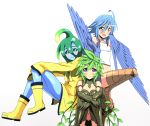  3girls ahoge blue_eyes blue_hair blue_skin blue_wings blush boots camisole dryad feathered_wings goo_girl green_eyes green_hair harpy harusaki_rio highres kii_(monster_musume) long_hair monster_girl monster_musume_no_iru_nichijou multiple_girls navel nude orange_eyes papi_(monster_musume) plant_girl raincoat rubber_boots simple_background small_breasts smile suu_(monster_musume) tentacle_hair white_background wings yellow_clothes 