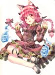  1girl animal_ears blush bow braid cat_ears cat_tail colored_pencil_(medium) denchu_(kazudentyu) dress fang full_body hair_bow hair_ornament highres kaenbyou_rin leg_ribbon long_hair long_sleeves looking_at_viewer mary_janes open_mouth puffy_sleeves red_eyes redhead ribbon shoes simple_background skull smile solo tail touhou traditional_media twin_braids 