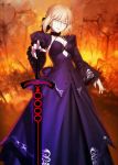  1girl black_dress blonde_hair breasts cleavage detached_sleeves dress fate/grand_order fate_(series) holding_sword holding_weapon looking_at_viewer official_art open_mouth saber saber_alter solo sword takeuchi_takashi weapon yellow_eyes 