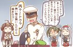  1boy 3girls :d ^_^ admiral_(kantai_collection) ahoge brown_hair closed_eyes detached_sleeves double_bun failure_penguin flying_sweatdrops hair_ribbon hairband hakama_skirt hat headgear hishimochi ido_(teketeke) japanese_clothes kantai_collection kongou_(kantai_collection) long_hair long_sleeves military military_uniform multiple_girls muneate nontraditional_miko open_mouth peaked_cap red_skirt ribbon short_hair short_sleeves shoukaku_(kantai_collection) skirt smile translated twintails uniform white_hair white_ribbon wide_sleeves zuikaku_(kantai_collection) 