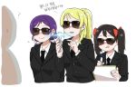  3girls ? anyan_(jooho) ayase_eli black_hair blonde_hair closed_eyes crossover formal korean long_hair love_live!_school_idol_project men_in_black multiple_girls necktie neuralyzer notepad ponytail purple_hair smile suit sunglasses tongue tongue_out toujou_nozomi translation_request twintails yazawa_nico 