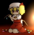  1girl ascot assembling bags_under_eyes blonde_hair commentary_request darkness dress dressing empty_eyes flandre_scarlet hat hat_ribbon mob_cap puffy_short_sleeves puffy_sleeves red_dress red_eyes ribbon sash seiza shirosato shirt short_sleeves side_ponytail sitting solo staring touhou wings 