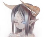  1girl bare_shoulders blue_eyes brown_hair demon_girl earrings facial_mark forehead_mark headshot highres horns jewelry necklace one_eye_closed original pointy_ears rugure solo tattoo 