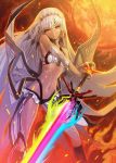  1girl attila_(fate/grand_order) fate/grand_order fate_(series) holding_sword holding_weapon looking_at_viewer navel red_eyes solo sword weapon white_hair 