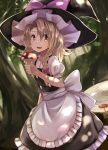  +5cm 1girl apron blonde_hair bow braid hair_bow hair_ornament hat hat_ribbon kirisame_marisa long_hair looking_to_the_side mushroom open_mouth outdoors pink_bow puffy_sleeves ribbon shirt short_sleeves side_braid single_braid skirt skirt_set smile solo touhou tree tree_stump vest waist_apron white_bow witch_hat yellow_eyes 