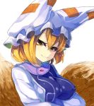  1girl animal_ears bei_mochi blonde_hair breast_rest breasts dress fox_ears fox_tail hat highres long_sleeves looking_at_viewer mob_cap multiple_tails short_hair simple_background smile solo tabard tail touhou upper_body white_background yakumo_ran yellow_eyes 