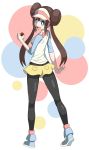  1girl :d ankle_boots black_legwear blue_eyes boots bow breasts brown_hair double_bun from_behind hasu_(pixiv13720981) looking_at_viewer mei_(pokemon) open_mouth pantyhose poke_ball pokemon pokemon_(game) pokemon_bw2 raglan_sleeves shoes short_hair_with_long_locks shorts smile sneakers solo t-shirt 