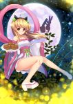  1girl ahoge animal_ears ass bare_legs bare_shoulders blonde_hair cat_ears collarbone detached_sleeves fake_animal_ears full_body full_moon highres japanese_clothes kimono long_hair long_sleeves moon obi official_art original plate rabbit red_eyes sash shawl sky smile solo star_(sky) starry_sky ti-tang very_long_hair wide_sleeves yukata 