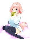 1girl animal_ears bare_shoulders black_legwear blue_eyes blush book breasts covering_mouth detached_sleeves kanae_(naomi) large_breasts looking_at_viewer naomi_(sekai_no_hate_no_kissaten) original pink_hair short_hair sitting solo sweater tail thigh-highs 