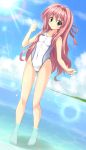  1girl arena_(company) barefoot competition_swimsuit feet_in_water green_eyes hizuki_aki one-piece_swimsuit original pink_hair pixiv_robot_wars_gaia soaking_feet standing swimsuit water zanshomimai 