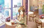  3girls book brown_hair camera chair coffee cookie cup drape food hair_ornament hand_on_own_chin idolmaster idolmaster_cinderella_girls indoors jewelry jpeg_artifacts light_smile long_hair looking_at_viewer multiple_girls necklace official_art ponytail saucer sitting solo sun table takamori_aiko window yellow_eyes 