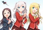  &gt;_&lt; 1boy 3girls black_hair blonde_hair blue_eyes charlotte_(anime) closed_eyes cosplay dc_comics gochou_(atemonai_heya) grin index_finger_raised long_hair multiple_girls nishimori_yusa one_eye_closed otosaka_ayumi otosaka_yuu pose school_uniform serafuku side_ponytail silver_hair smile superman superman_(cosplay) tomori_nao twintails two_side_up 