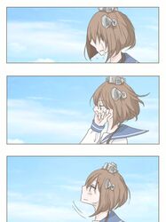  1girl aqua_eyes blush brown_hair clouds comic hair_ornament kantai_collection m19_(artist) open_mouth sailor_dress school_uniform serafuku short_hair sky standing tagme teardrop tears yukikaze_(kantai_collection) 