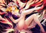  1girl blonde_hair bow breasts cleavage collarbone dress earrings frilled_dress frills hat hat_bow high_heels highres jewelry kalalasan large_breasts lips long_hair looking_at_viewer off_shoulder parted_lips red_eyes solo thigh-highs thighhighs_pull thighs touhou violet_eyes white_legwear yakumo_yukari 