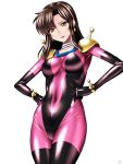  1girl anzu_(onelelee) breasts brown_eyes brown_hair choker collarbone covered_navel earrings g_gundam gundam gundam_seed hands_on_hips jewelry lips lipstick makeup mobile_trace_suit murrue_ramius shiny shiny_clothes shiny_hair short_hair shoulder_pads skin_tight solo thigh-highs 