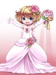 1girl :d blonde_hair bouquet child dress elbow_gloves flower gloves hair_flower hair_ornament happy looking_at_viewer nollety open_mouth original pointy_ears smile solo wedding_dress 