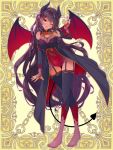  1girl barefoot black_hair breasts demon_tail dennryuurai horns large_breasts long_hair one_eye_closed orange_eyes psychic_hearts solo tail thigh-highs very_long_hair wings 