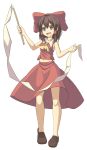  1girl :d ascot bare_shoulders bow brown_eyes brown_hair full_body gohei hair_bow hair_ribbon hair_tubes hakurei_reimu hasu_(pixiv13720981) large_bow legs loafers looking_at_viewer midriff navel no_pupils open_mouth ribbon round_teeth sarashi shoes sleeveless smile solo touhou vest 