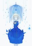  1girl absurdres bare_shoulders blonde_hair blue_dress blue_gloves butterfly chain collar dress gloves hairband highres key looking_at_viewer original rain shenyuan_xian short_hair solo umbrella yellow_eyes 